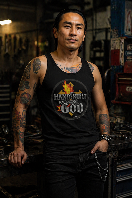 Man wearing a black tank top with 'Hand Built by God' graphic in a workshop setting