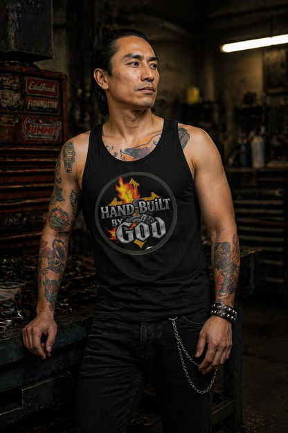 Man wearing a black tank top with 'Hand-Built by God' graphic in a workshop setting