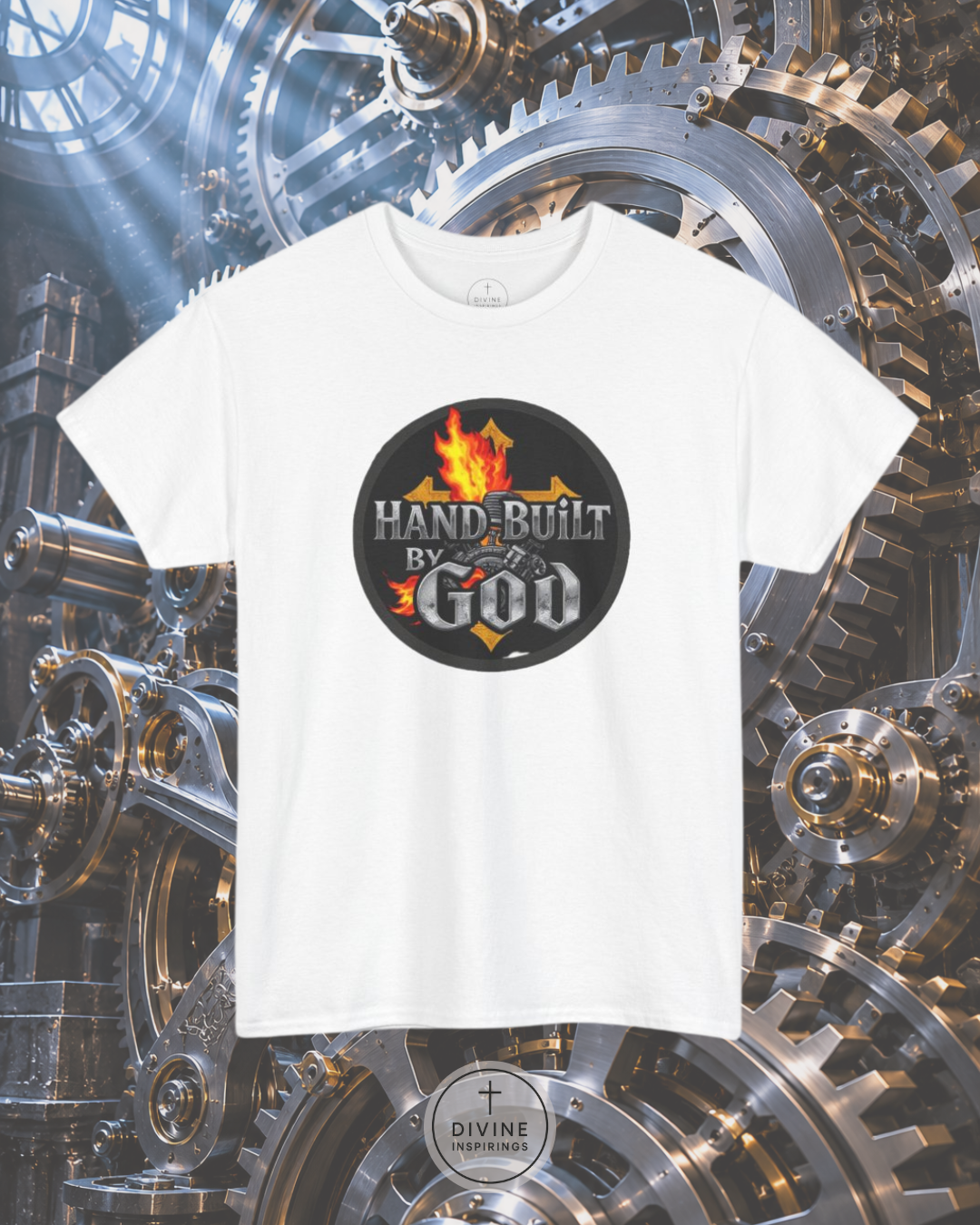 White t-shirt with 'Hand-Built By God' graphic on a mechanical gear background