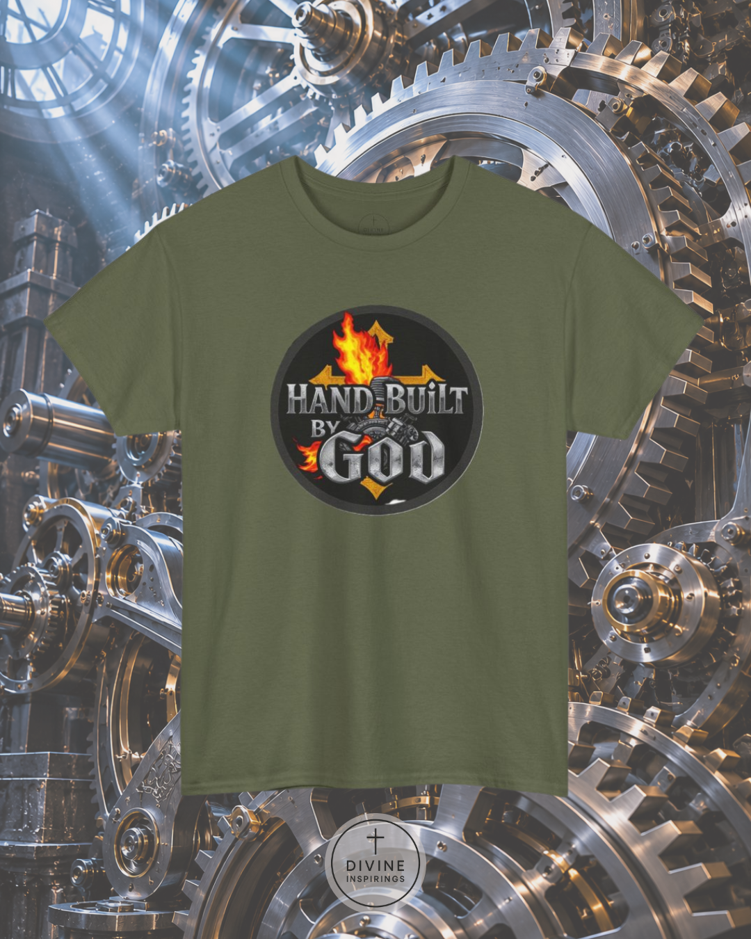 Green t-shirt with 'Hand-Built By God' graphic on a mechanical gear background
