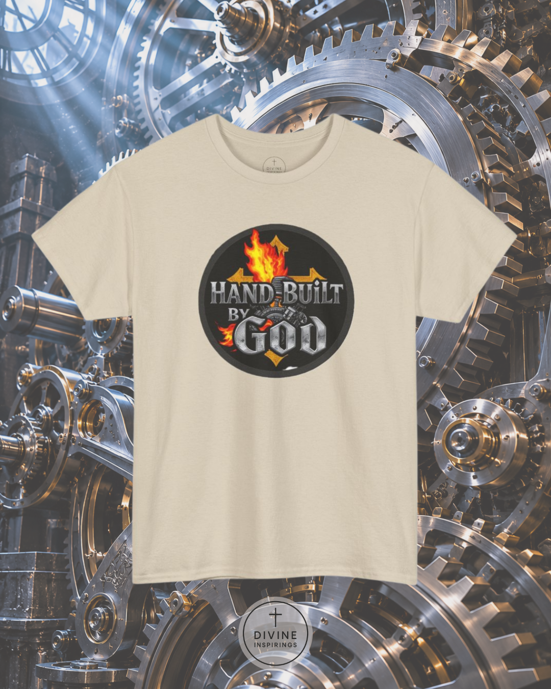 Beige t-shirt with 'Hand-Built By God' graphic on a mechanical gear background