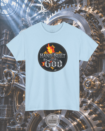 Light blue t-shirt with 'Hand-Built By The Lord' graphic on a mechanical gear background