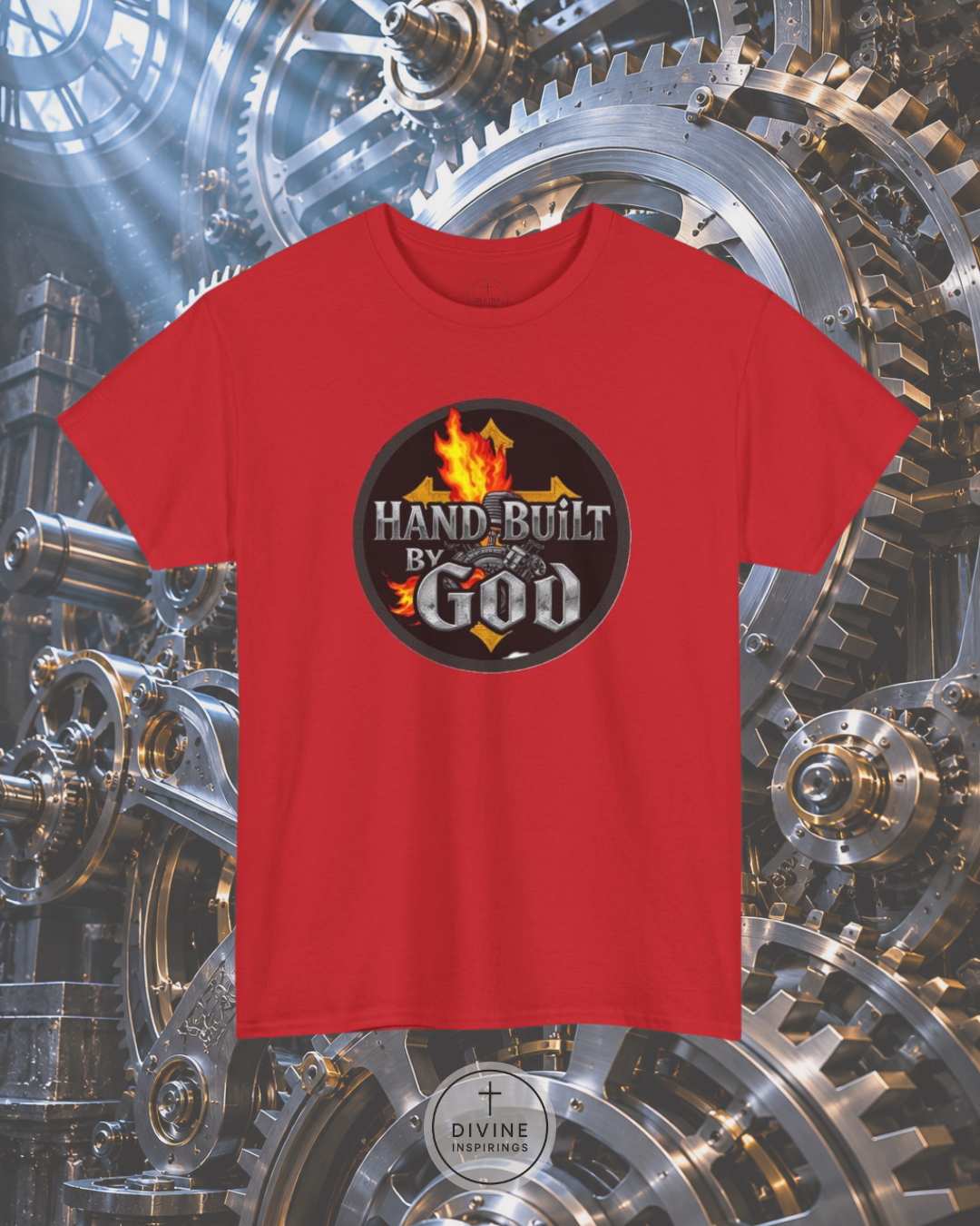 Red t-shirt with 'Hand-Built By God' graphic on a mechanical gear background