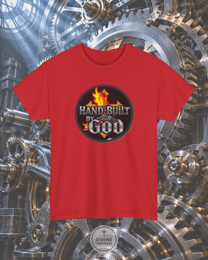 Red t-shirt with 'Hand-Built By God' graphic on a mechanical gear background