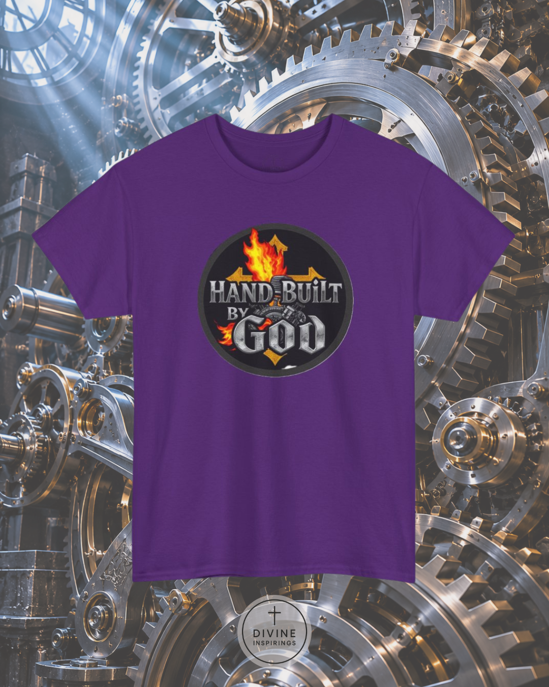 Purple t-shirt with 'Hand-Built By God' graphic on a mechanical gear background