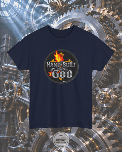 Navy blue t-shirt with 'Hand-Built By God' graphic on a mechanical gear background