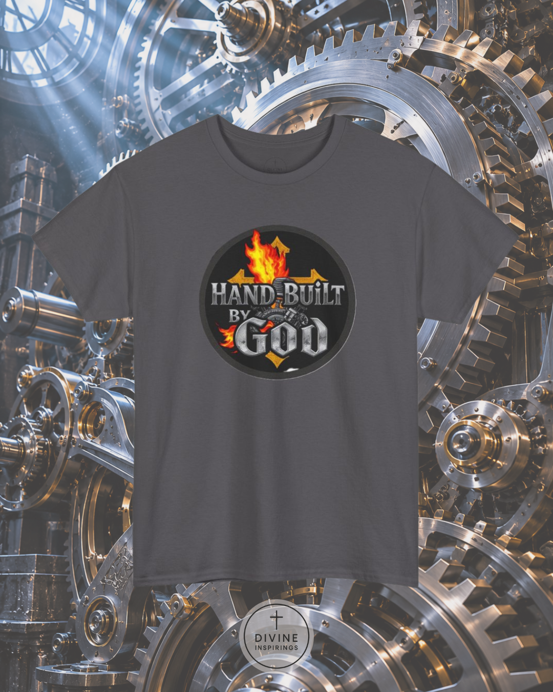 Black t-shirt with 'Hand-Built By God' graphic on a mechanical gear background
