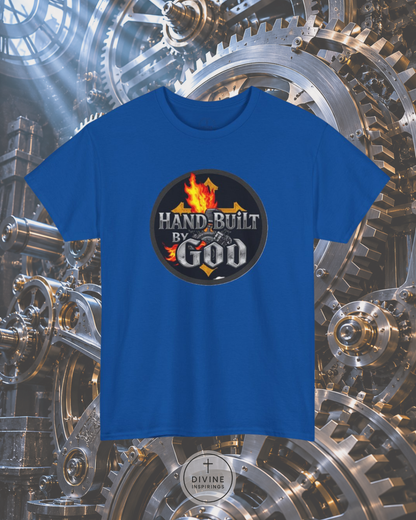 Blue t-shirt with 'Hand-Built By God' graphic on a mechanical gear background