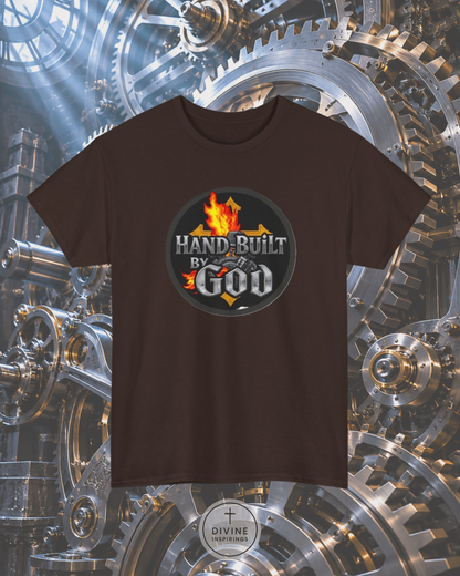 Brown t-shirt with 'Hand-Built By God' graphic on a mechanical gear background
