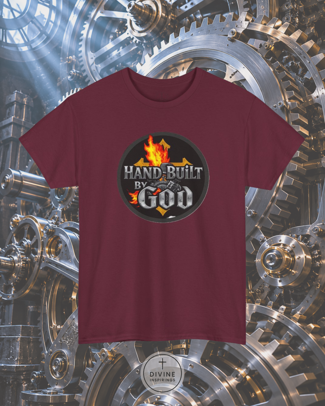 Maroon t-shirt with 'Hand-Built By God' graphic on a mechanical gear background