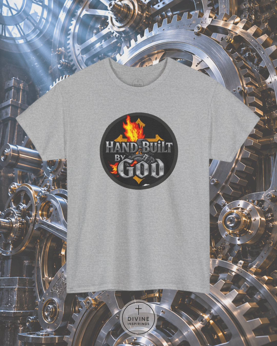 Gray t-shirt with 'Hand-Built By God' graphic on a mechanical gear background