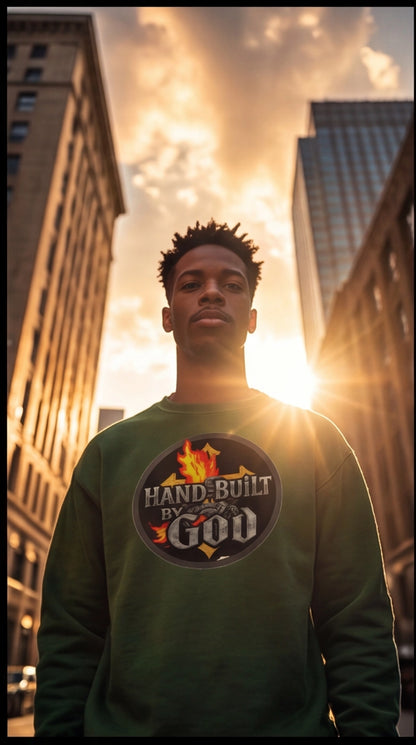 Person wearing a green sweatshirt with a logo in an urban setting