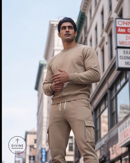 A man wearing a beige crewneck sweatshirt and matching cargo pants stands on an urban city street. The image has a circular 'DIVINE INSPIRINGS' logo in the bottom-left corner.