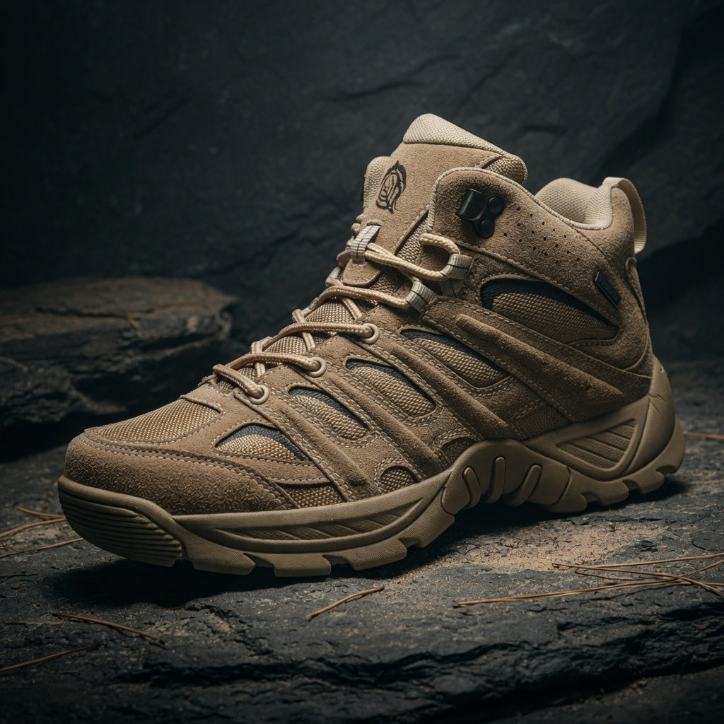 Brown hiking boot on a dark stone surface