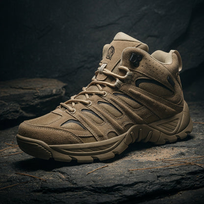Brown hiking boot on a dark stone surface