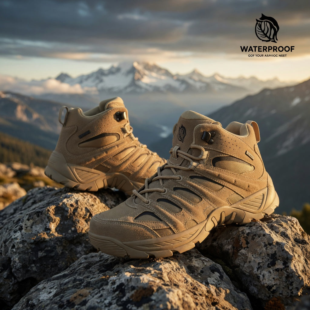 Tan hiking boots on rocks with a mountainous landscape and 'Waterproof' logo in the corner.