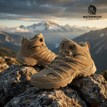Tan hiking boots on rocks with a mountainous landscape and 'Waterproof' logo in the corner.