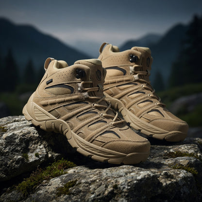 Tan hiking boots on a rock with a mountainous background