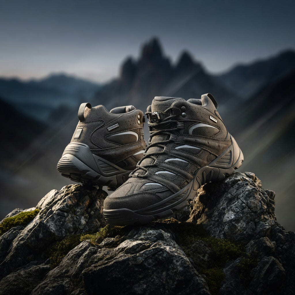 Pair of hiking boots on a rocky outcrop with mountainous landscape in the background