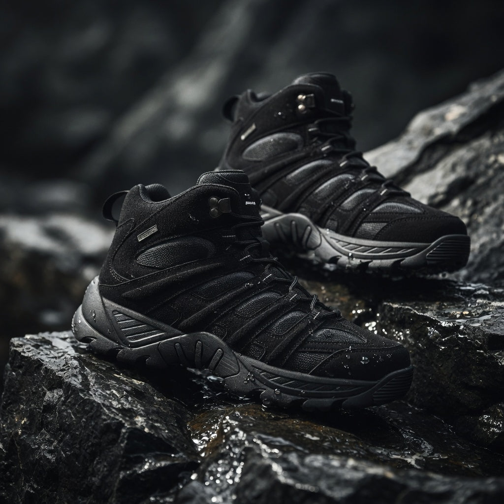 Black hiking boots on a rocky surface