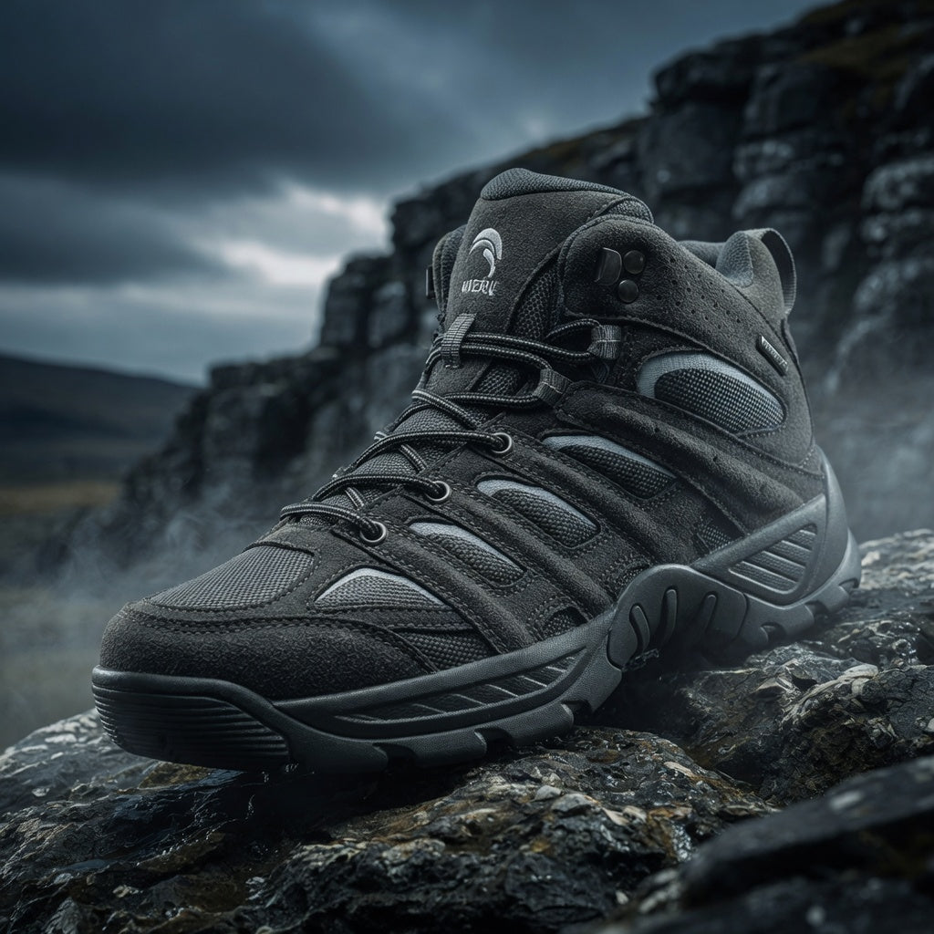 Black hiking boot on a rocky surface with a mountainous background