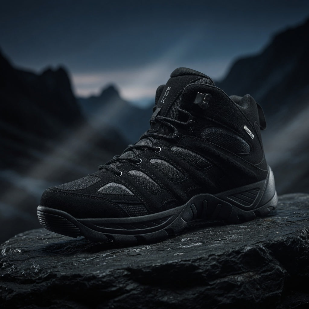 Black hiking boot on a rock with mountainous background