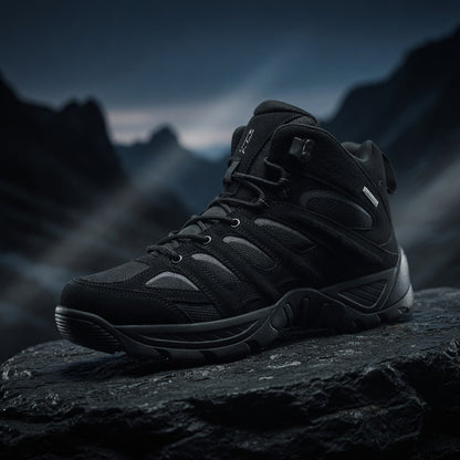 Black hiking boot on a rock with mountainous background