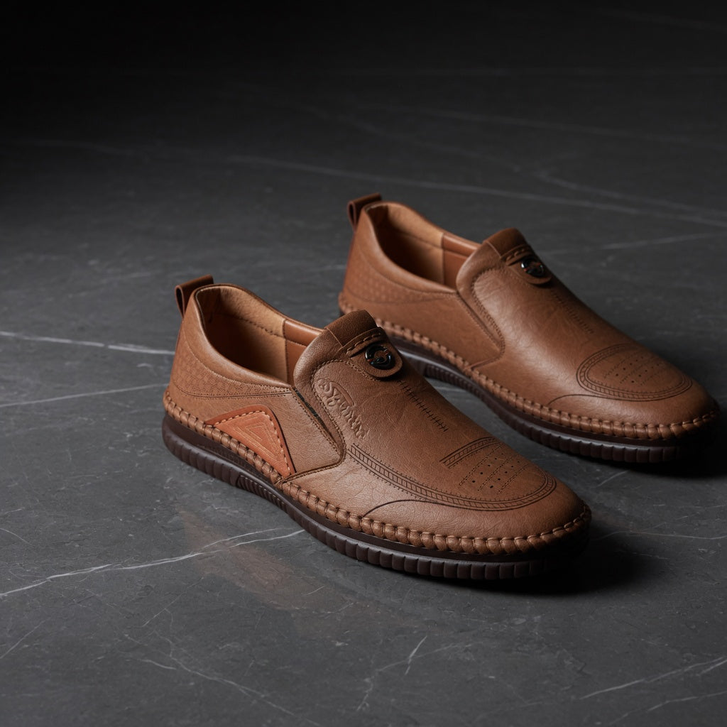 Pair of brown leather shoes on a dark textured surface