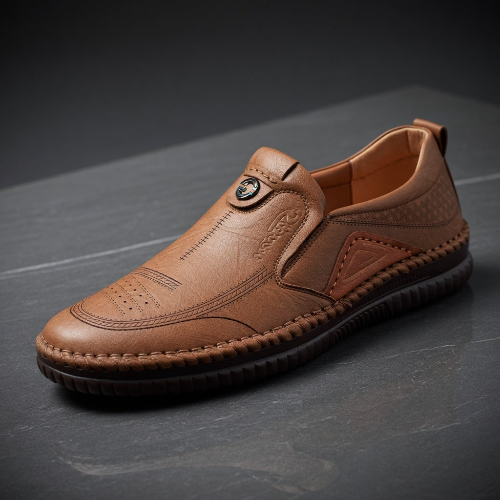 Brown leather shoe on a dark gray background