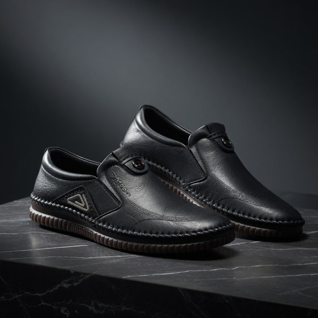 Pair of black leather shoes on a dark surface with a dark background