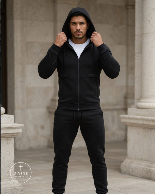 A man wearing a black zip-up hoodie and matching black jogger pants stands in front of a stone column, holding the hood up with both hands. A white t-shirt is visible underneath.