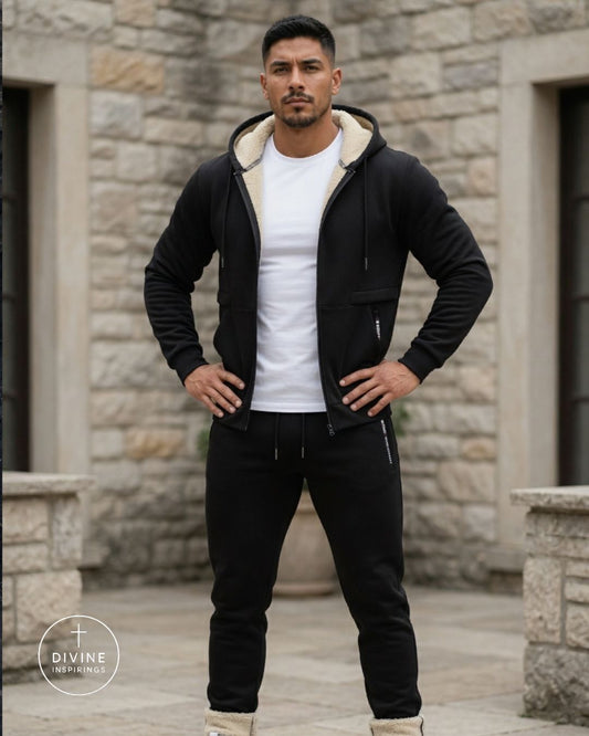 A man wearing a black zip-up hoodie with a beige sherpa-lined hood, a white t-shirt, and black sweatpants, standing in front of a stone building. A 'DIVINE INSPIRINGS' logo is visible in the bottom-left corner.