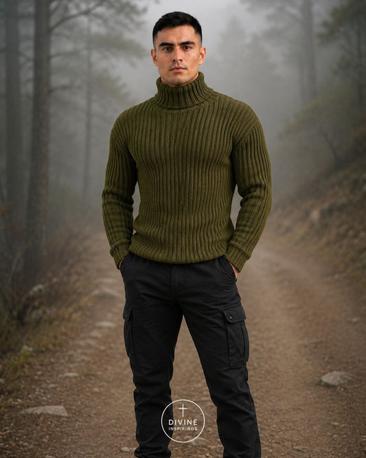 A man standing on a misty forest path wearing a ribbed olive green turtleneck sweater and black cargo pants. A circular 'DIVINE INSPIRED' logo is visible at the bottom center.