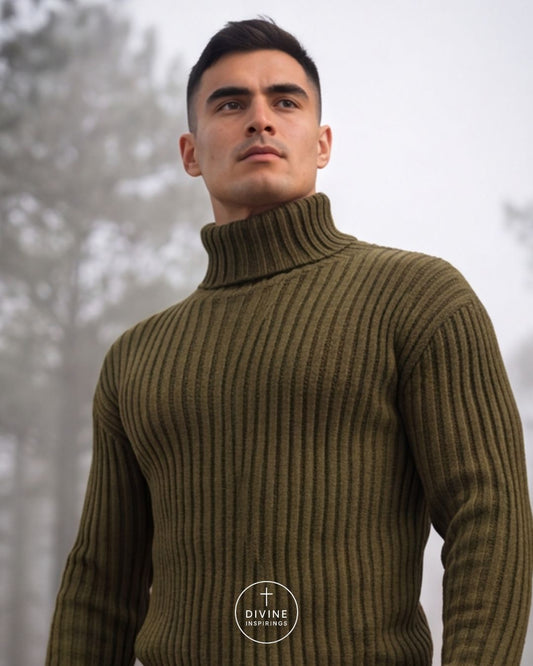 A man wearing a ribbed olive green turtleneck sweater, photographed outdoors against a soft, misty gray background. A circular 'DIVINE INSPIRATION' logo is visible at the bottom center.