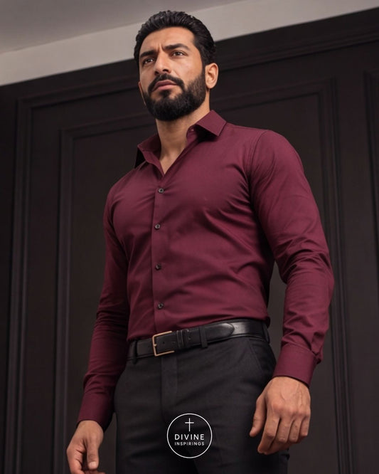 A man wearing a long-sleeve button-down dress shirt in deep burgundy, paired with black trousers and a black belt, standing in front of a dark paneled wall. A circular 'DIVINE INSPIRINGS' watermark is visible on the lower front of the shirt.