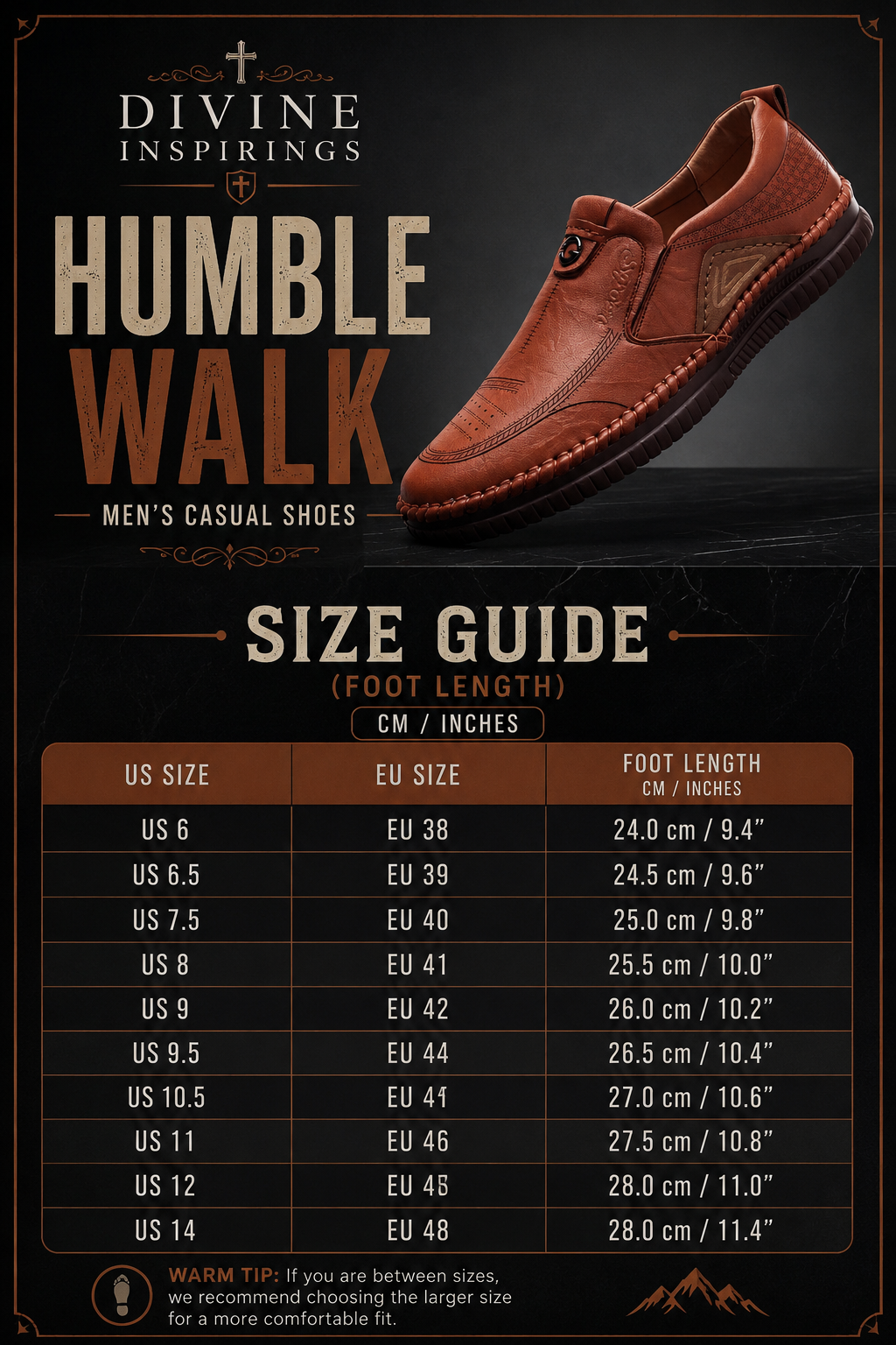 Men's casual shoe with size guide on a dark background