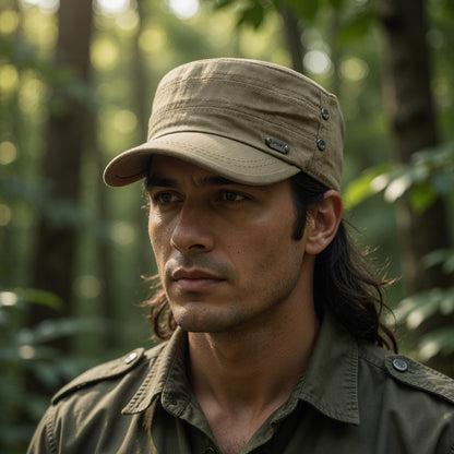 Man wearing a beige cap and green jacket in a forest setting