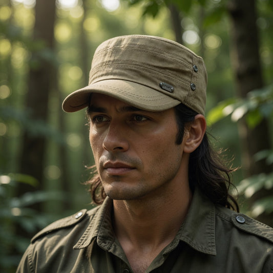 Man wearing a beige cap and green jacket in a forest setting