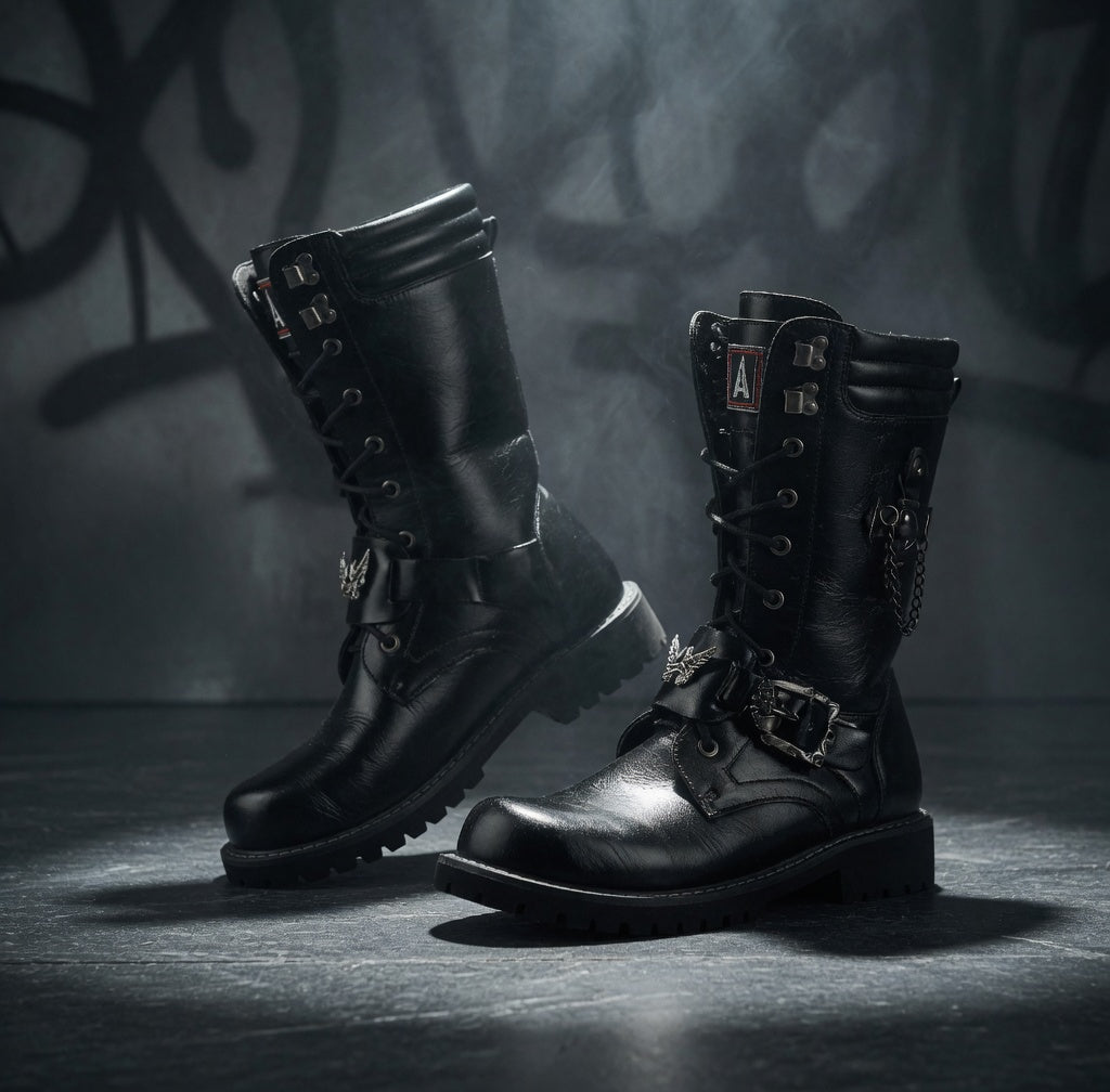 Pair of black leather boots with metal accents on a dark background