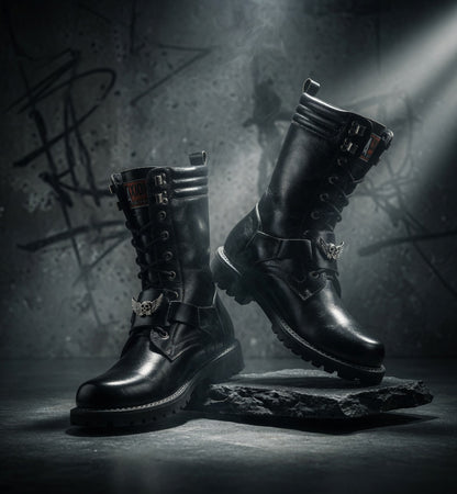 Pair of black leather boots with metal accents on a dark background