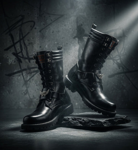 Pair of black leather boots with metal accents on a dark background