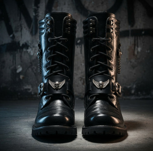 Pair of black leather boots with metallic accents on a dark background