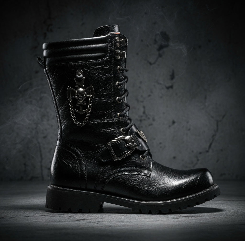 Black leather boot with skull design and chain on a dark background