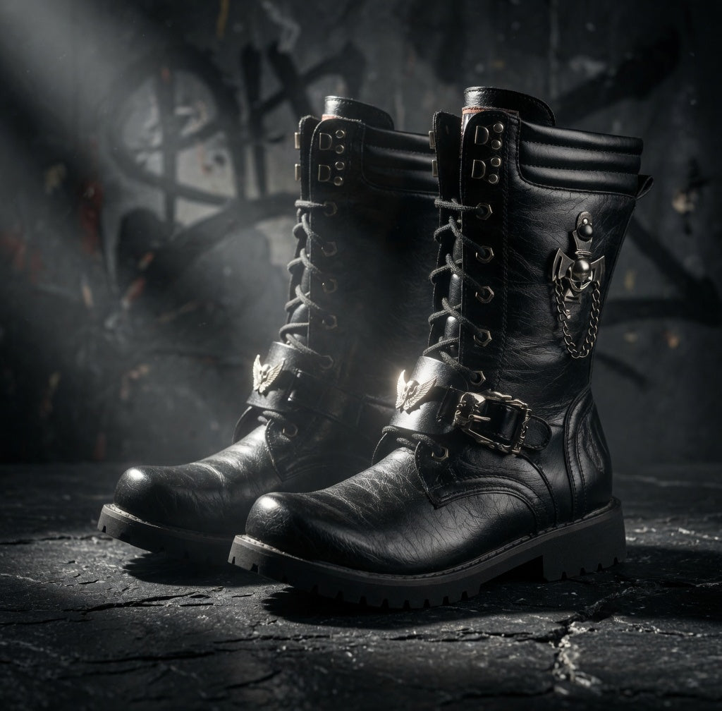 Pair of black leather boots with metal buckles on a dark background