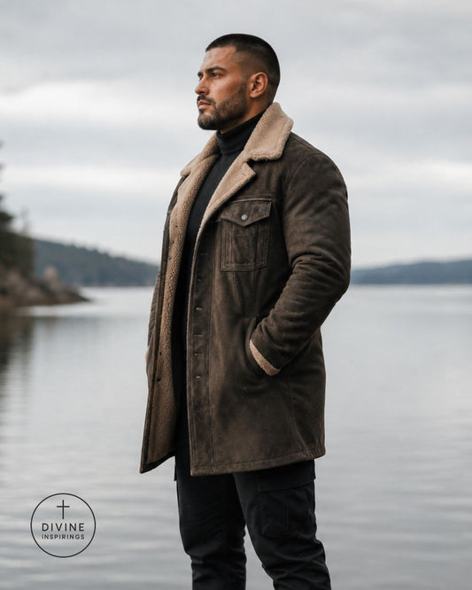 A man wearing a dark brown suede jacket with a beige shearling-style collar, standing outdoors by a calm body of water under an overcast sky.