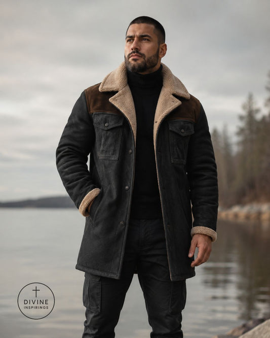 A man wearing a dark charcoal wool-blend jacket with a tan shearling-style collar and brown shoulder panels, standing outdoors by a body of water under an overcast sky.