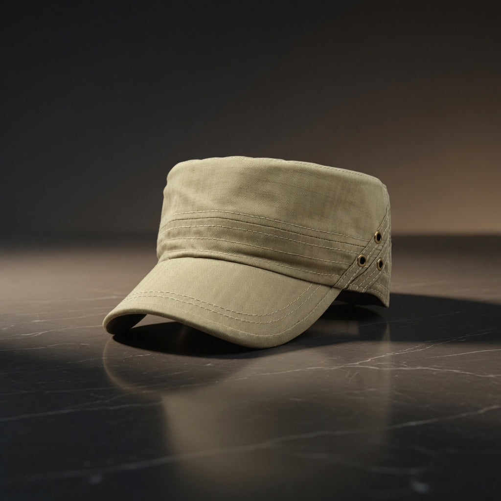 Beige cap on a reflective surface with a dark background