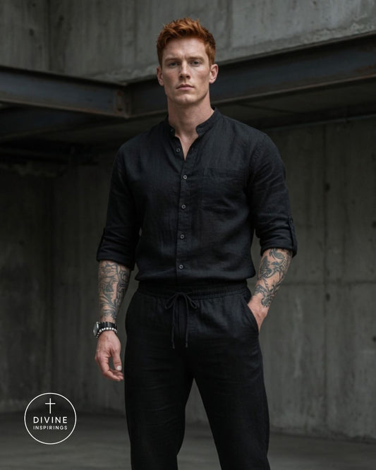 A man with red hair and tattoos wearing a black linen button-down shirt and matching black pants, standing in front of a concrete wall. A Divine Inspirations logo is visible in the bottom-left corner.