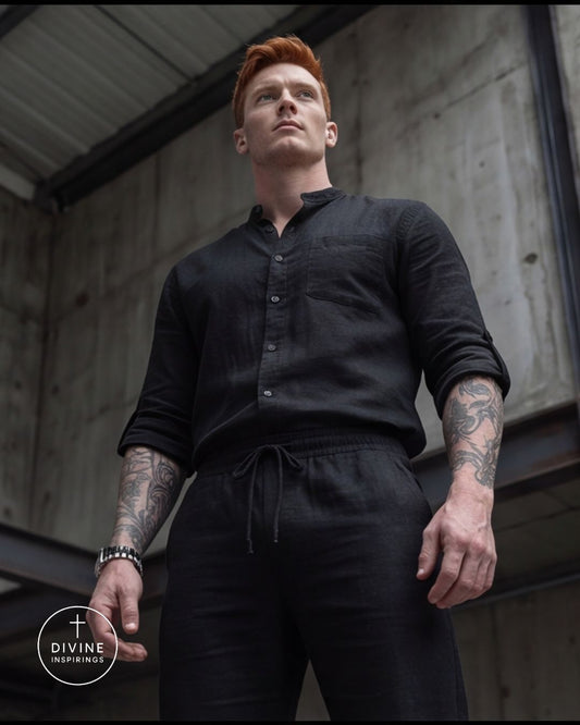 A man with red hair and tattoos wearing a black linen long-sleeve button-up shirt and matching black pants, standing in an industrial concrete setting. A circular 'Divine Inspirings' logo is visible in the bottom-left corner.