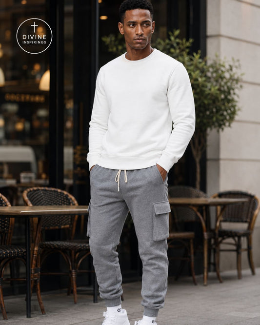 A man wearing a white crewneck sweatshirt and gray cargo jogger pants stands on a city sidewalk in front of a cafe, with a Divine Inspirations logo overlay in the top left corner.